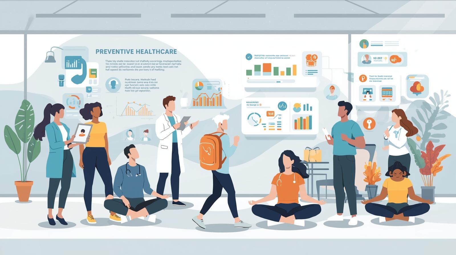 Diverse group of people engaged in preventive healthcare activities and data analysis.